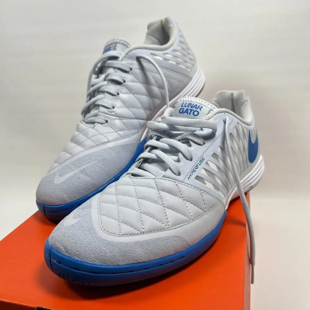 NIKE Sneakers M9.5 W11 Lunargato II Leather Trainer Football Shoes Gray Blue NEW